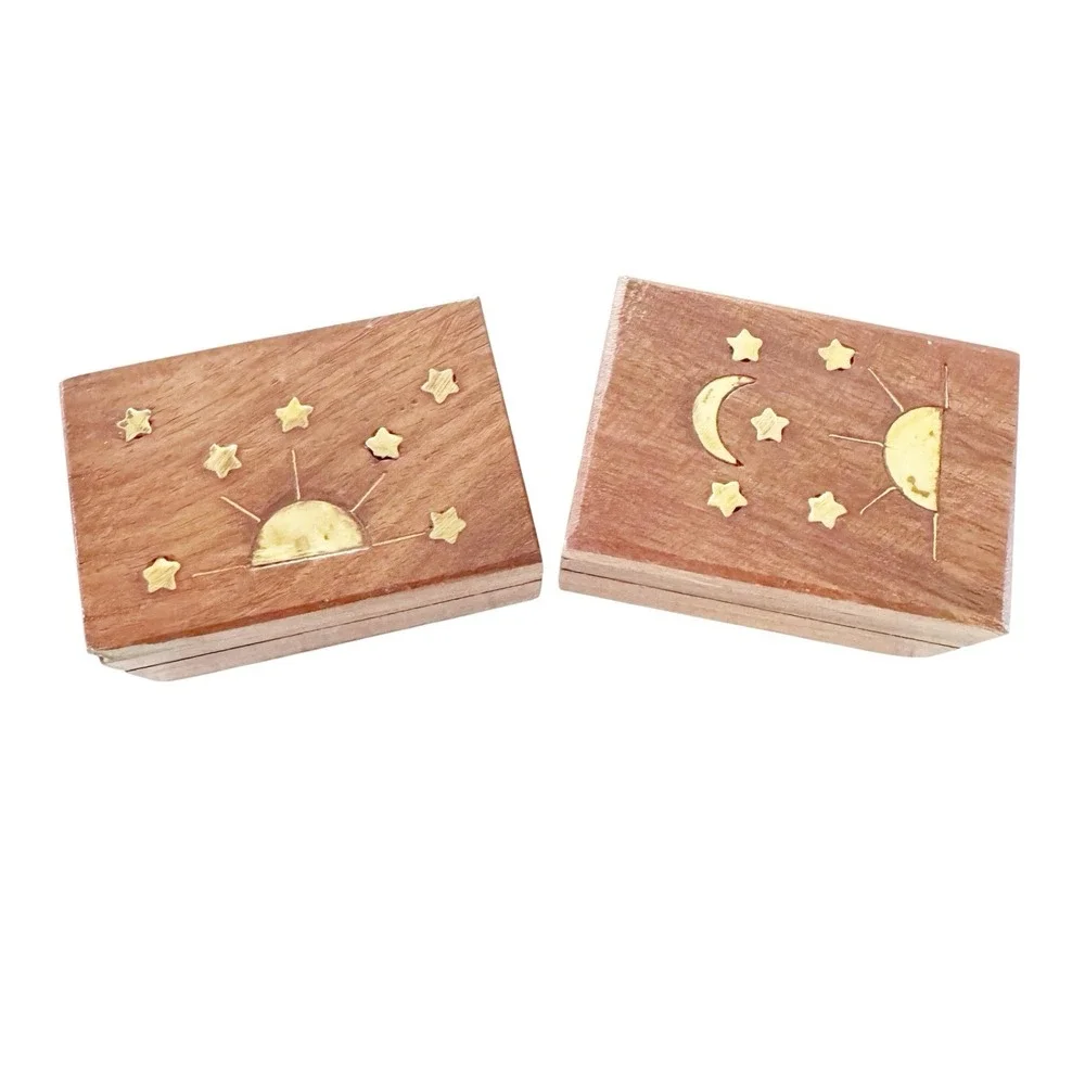 2 Small Celestial Wood Celtic Box Brass Metal Inlay Trinket Gift Box Wicca Witch